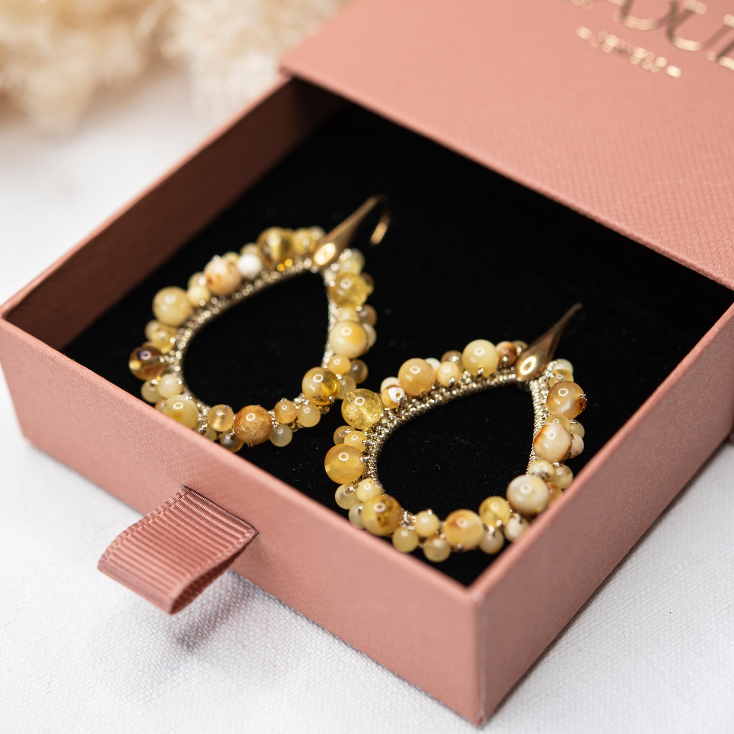 Baltic amber earrings in 925 sterling silver, elegantly presented in their gift box – Handmade jewelry by Madula Jewels